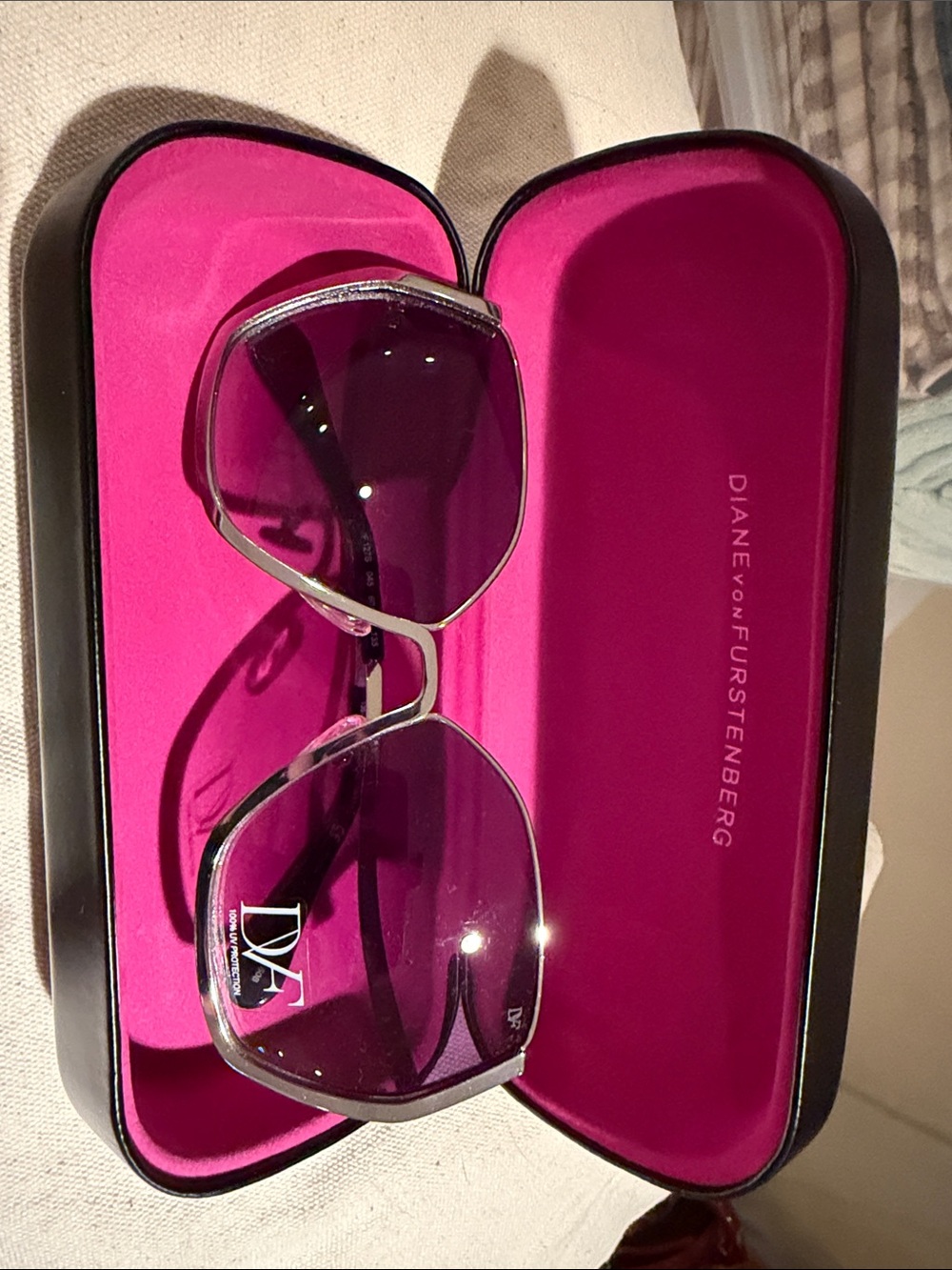 Diane Von Furstenberg Oversized Sunglasses with Gradient Lenses, silver frames.